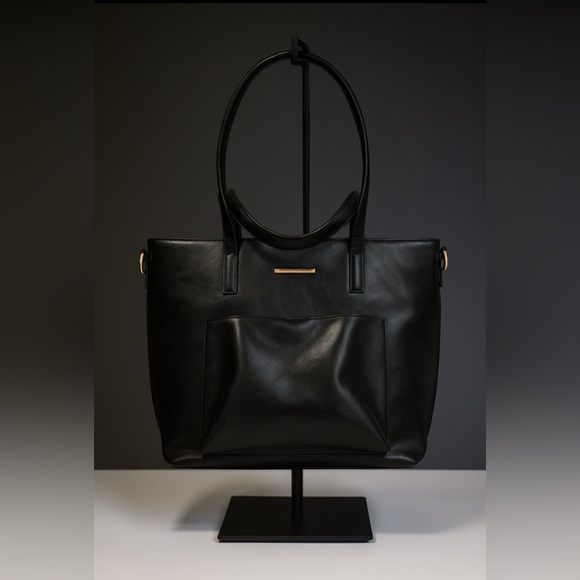Ella Dane Handbags - Ella Dane Women's Sleek Black Large Shiny Leather Classic Shoulder Tote Bag Mini